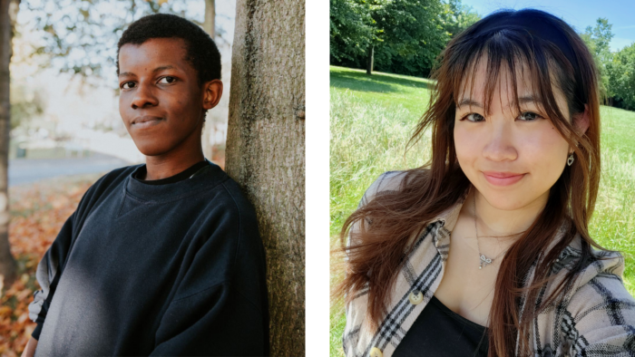 The image consists of two individual portraits side by side. On the left, there is a person with short, curly black hair, wearing a dark sweatshirt, leaning casually against a tree with autumn leaves on the ground and a background of greenery. On the right, another person stands in an open field, with bright green grass and trees in the background. They have long, brownish hair with bangs and are smiling, wearing a plaid shirt over a black top, and a delicate necklace. The setting is sunny with clear skies in both images.