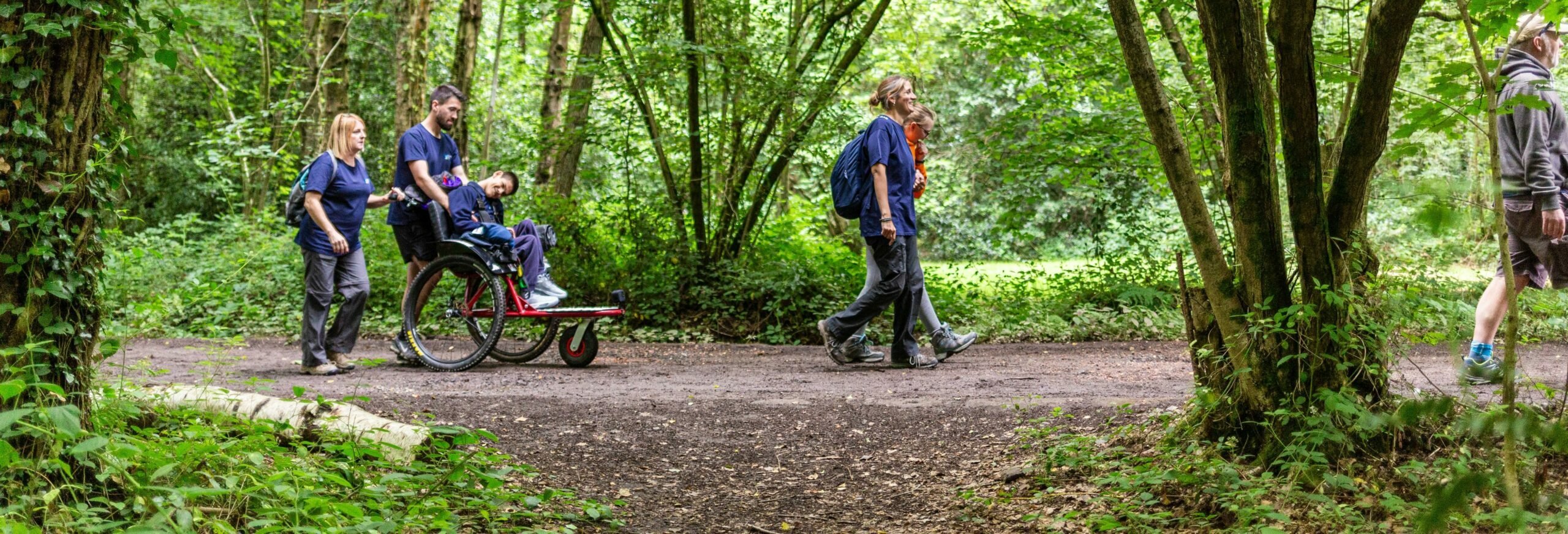 A group of people walking in a lush green forest. One person is seated in a wheelchair being pushed by another, while two others walk alongside them. The scene is filled with trees and vibrant foliage, creating a serene outdoor atmosphere.