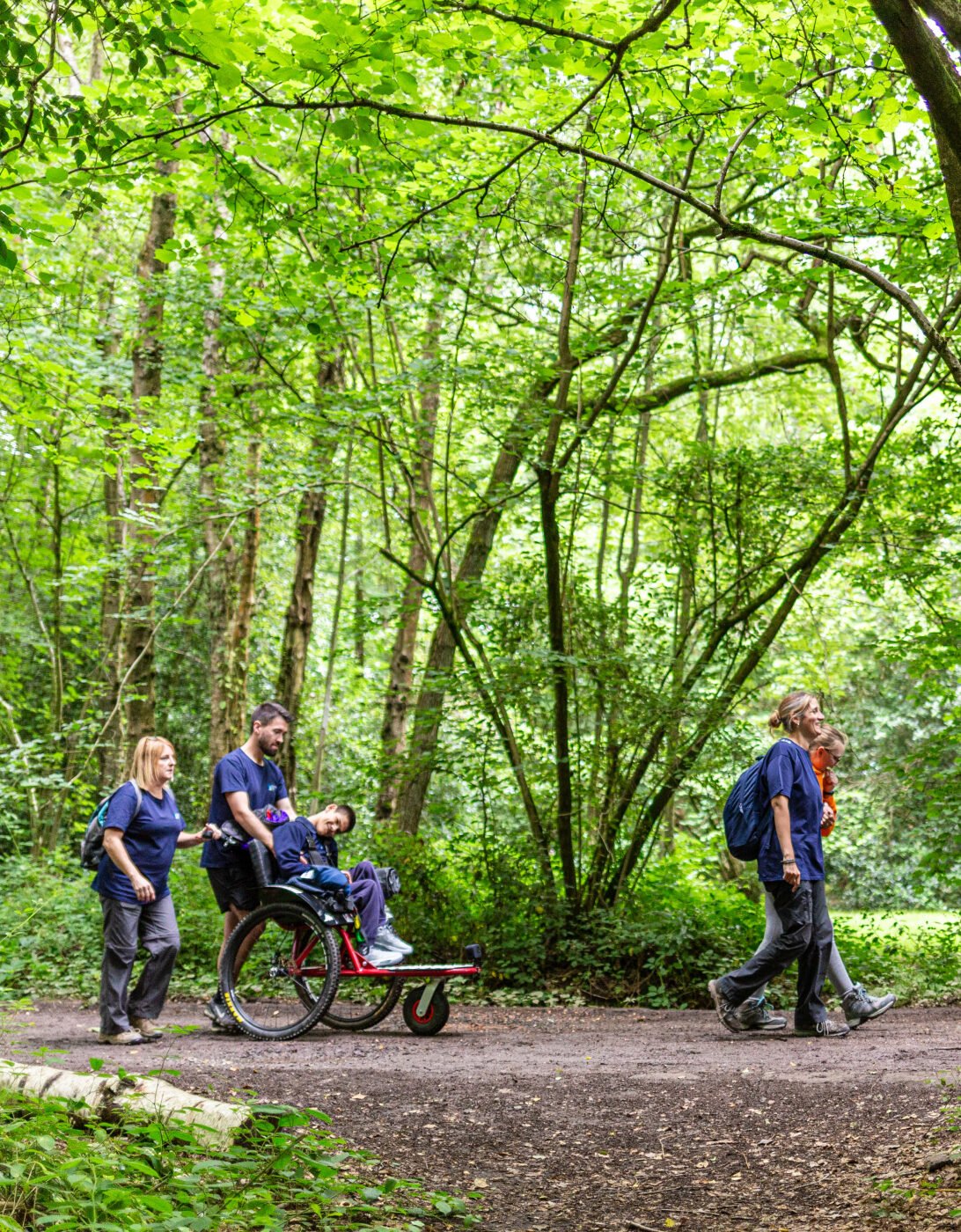 A group of people walking in a lush green forest. One person is seated in a wheelchair being pushed by another, while two others walk alongside them. The scene is filled with trees and vibrant foliage, creating a serene outdoor atmosphere.