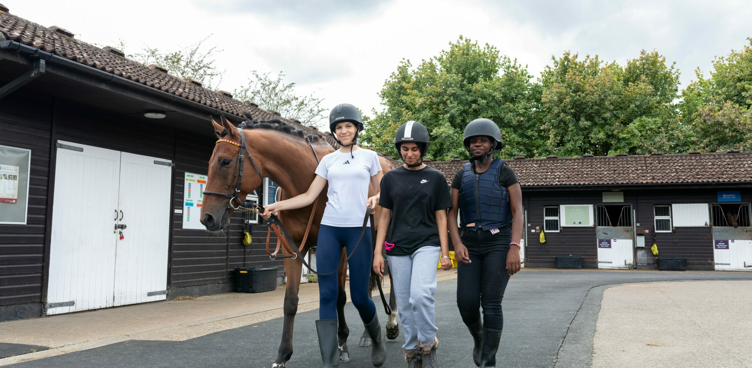 Three individuals are walking together with a horse in an outdoor stable area. The first person, wearing a white shirt and riding pants, is leading the horse. The second person, dressed in a black shirt and light pants, is walking alongside, while the third person, wearing a black vest and helmet, is also accompanying them. The background features stable buildings and greenery under a cloudy sky.